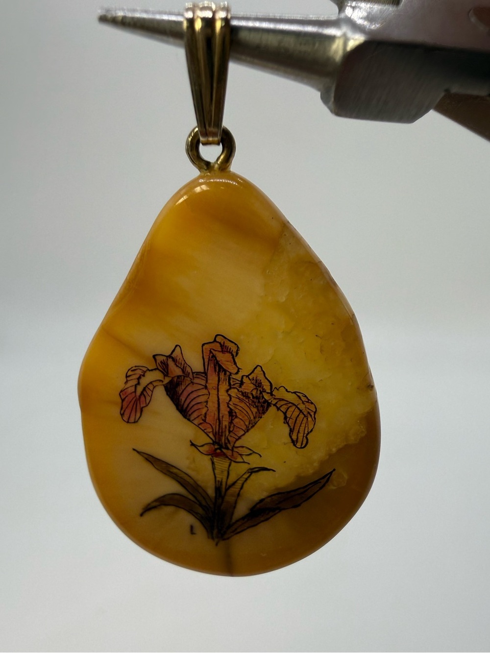 Vintage Etched Iris Floral Stone Pendant Gold Tone Bail 1.5”